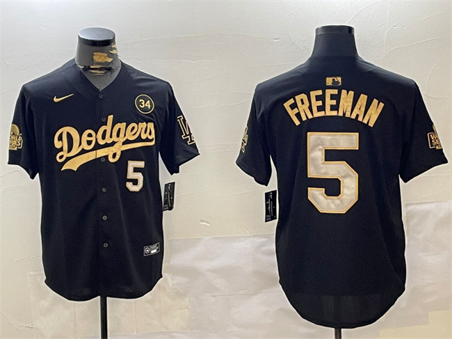 Men's Los Angeles Dodgers #5 Freddie Freeman Black/Gold 2024 World Series With No. 34 Patch Limited Stitched Baseball Jersey Men's Los Angeles Dodgers #5 Freddie Freeman Black/Gold 2024 World Series With No. 34 Patch Limited Stitched Baseball Jersey